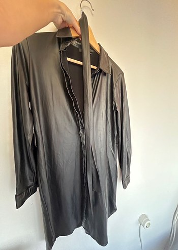 Düğmeli Siyah Deri Kadın Elbise Tunik - Görsel 2