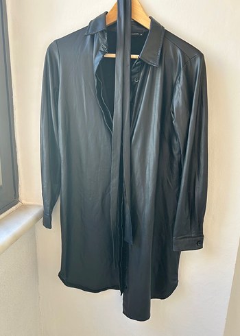 Düğmeli Siyah Deri Kadın Elbise Tunik - Görsel 5