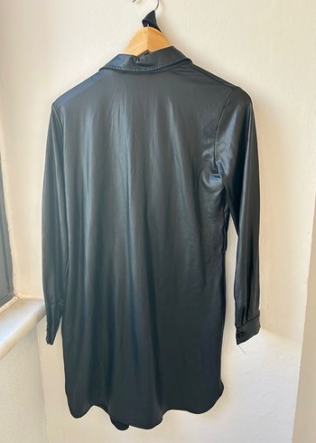 Düğmeli Siyah Deri Kadın Elbise Tunik - Görsel 3