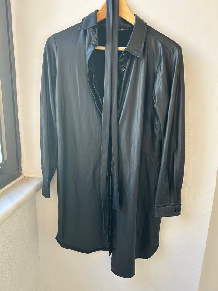 Düğmeli Siyah Deri Kadın Elbise Tunik - Görsel 5