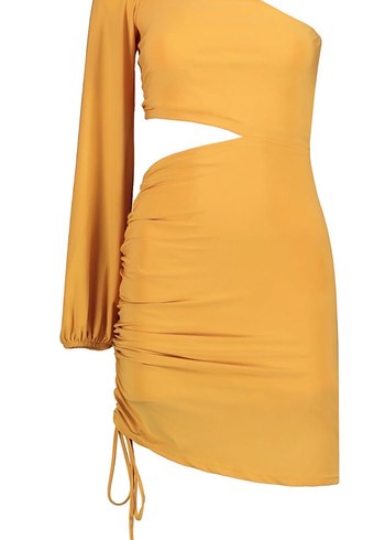 Tek Kollu Sarı Mini Elbise - Görsel 3