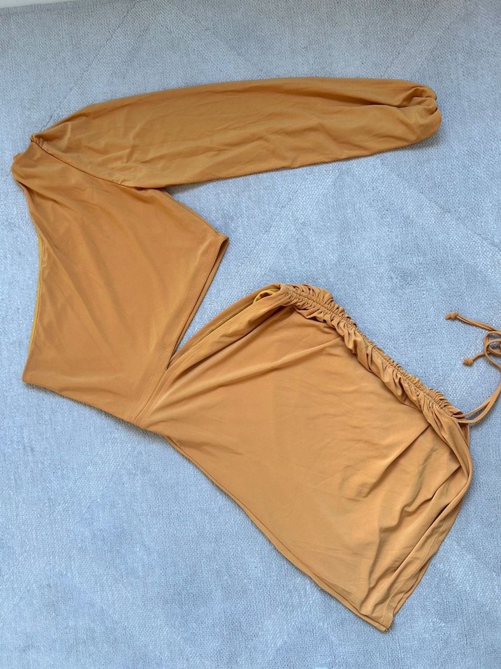 Tek Kollu Sarı Mini Elbise - Görsel 5