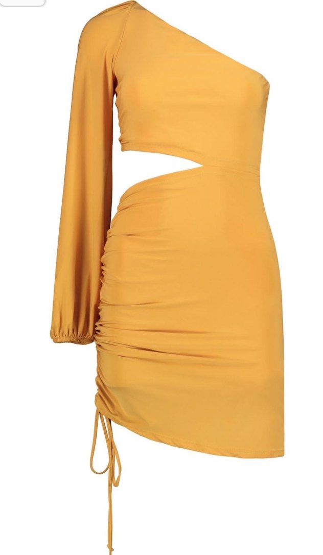Tek Kollu Sarı Mini Elbise - Görsel 3