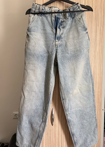 Kadın Mavi Beli Kemerli Bol Kesim Midi Jean