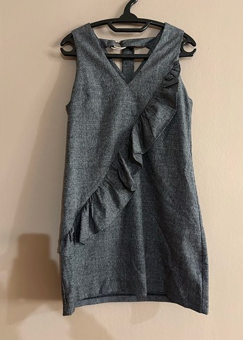 Mango Gri Mini V Yakalı Fırfırlı Elbise - Görsel 5