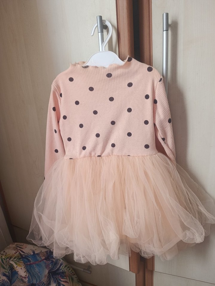 Puantiyeli Pembe Uzun Kollu Kız Elbisesi - Görsel 3