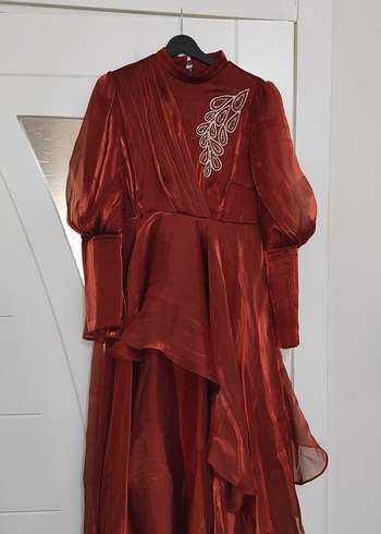 kiremit Parlak Uzun Kollu Drapeli Abiye Elbise - Görsel 2