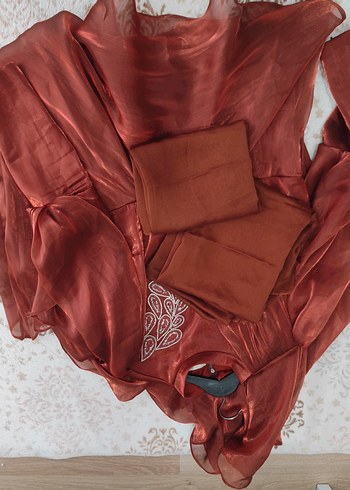 kiremit Parlak Uzun Kollu Drapeli Abiye Elbise - Görsel 5