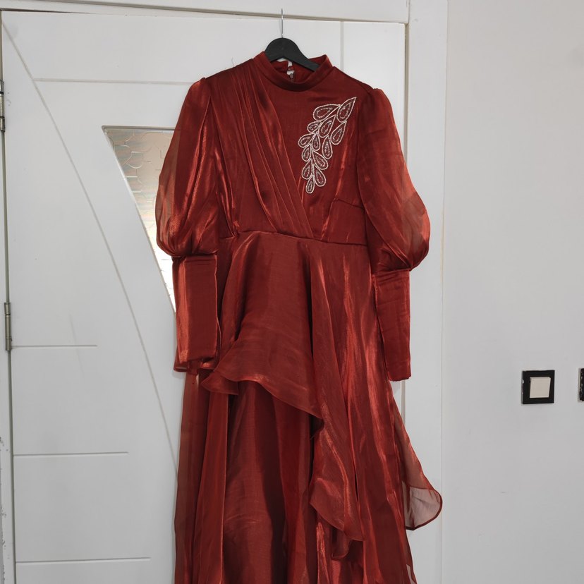 kiremit Parlak Uzun Kollu Drapeli Abiye Elbise - Görsel 2