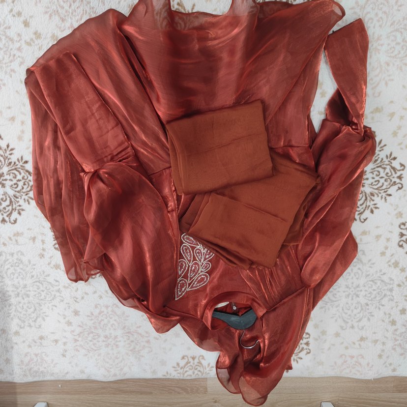 kiremit Parlak Uzun Kollu Drapeli Abiye Elbise - Görsel 5