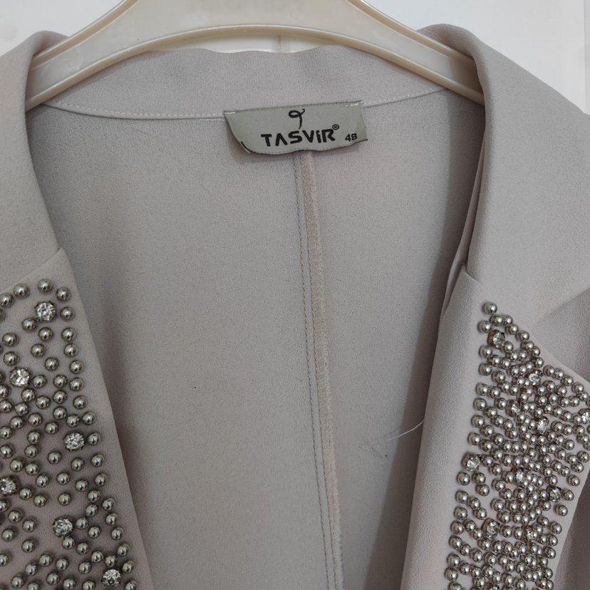 Bej Uzun Kollu Kemerli Kadın Abiye Elbise - Görsel 4