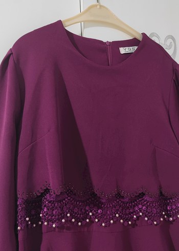 Bordo İşlemeli Uzun Kadın Elbise - Görsel 2