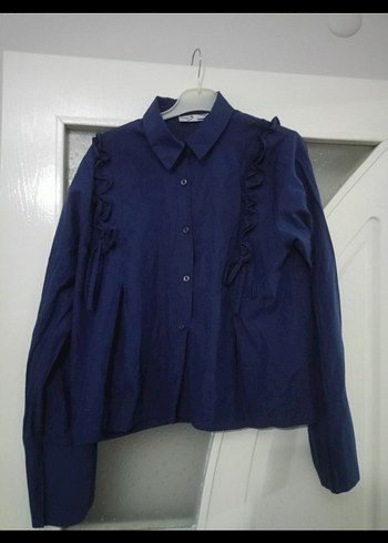 Crop Fırfırlı Lacivert  Kadın Gömlek - Görsel 2