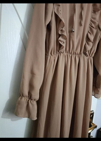 Bej Uzun Kollu Fırfırlı Bohem Elbise - Görsel 2