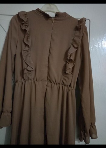 Bej Uzun Kollu Fırfırlı Bohem Elbise - Görsel 4