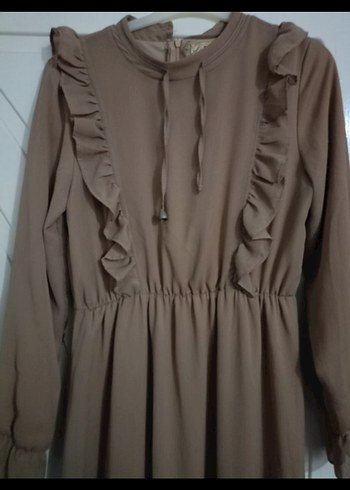 Bej Uzun Kollu Fırfırlı Bohem Elbise - Görsel 7