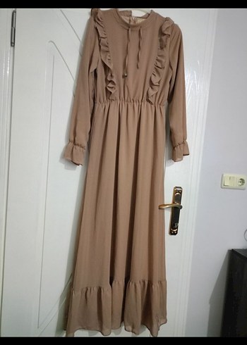 Bej Uzun Kollu Fırfırlı Bohem Elbise - Görsel 6