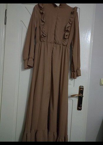 Bej Uzun Kollu Fırfırlı Bohem Elbise - Görsel 3