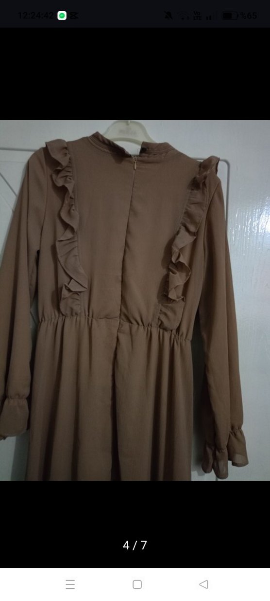 Bej Uzun Kollu Fırfırlı Bohem Elbise - Görsel 4