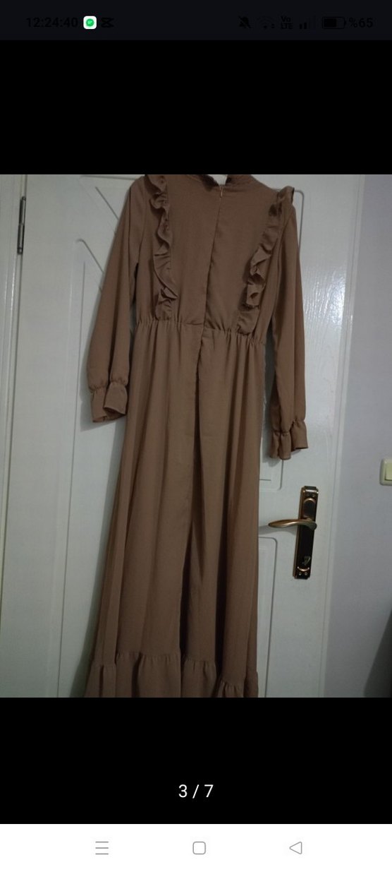 Bej Uzun Kollu Fırfırlı Bohem Elbise - Görsel 3