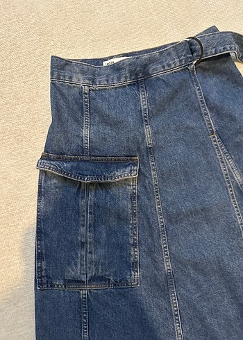 Kot kumaşlı kemerli midi kargo etek - Görsel 3