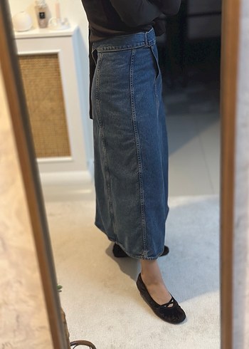 Kot kumaşlı kemerli midi kargo etek - Görsel 10