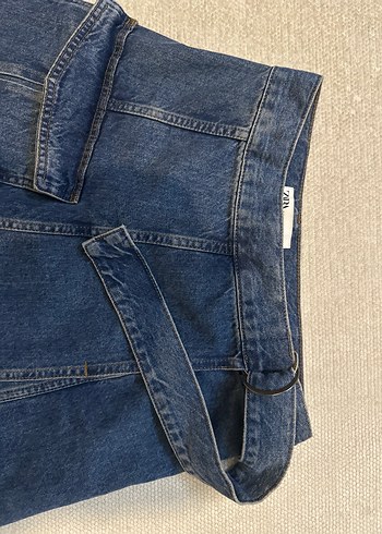 Kot kumaşlı kemerli midi kargo etek - Görsel 4