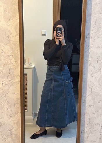 Kot kumaşlı kemerli midi kargo etek - Görsel 9