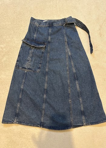 Kot kumaşlı kemerli midi kargo etek - Görsel 2