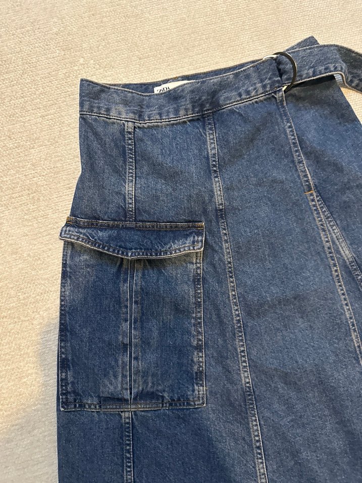 Kot kumaşlı kemerli midi kargo etek - Görsel 3