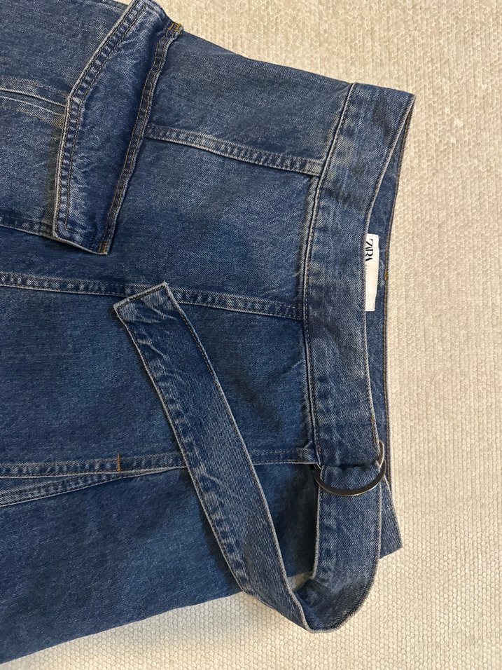 Kot kumaşlı kemerli midi kargo etek - Görsel 4