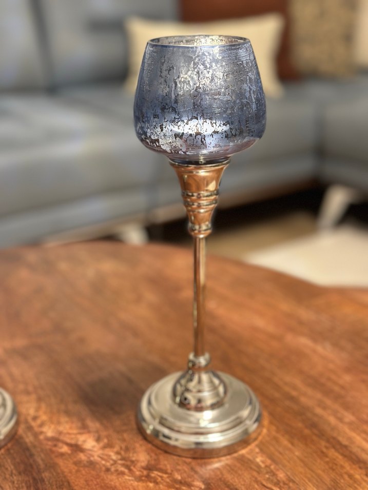 Gri Mavi Camlı Metal Mumluk Seti - Görsel 3