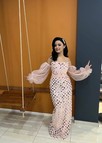 Abiye Pudra Pembe Dantel Detaylı Uzun Abiye Elbise