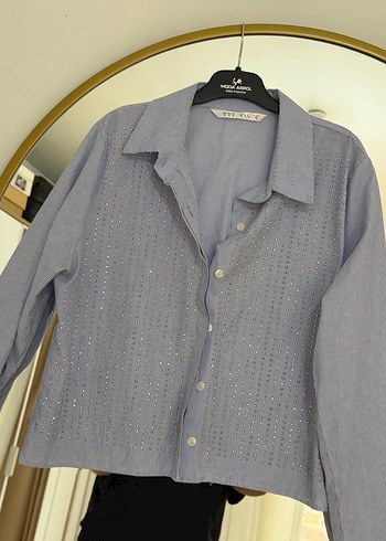 Düğmeli mavi Keten Kadın Gömlek - Görsel 3