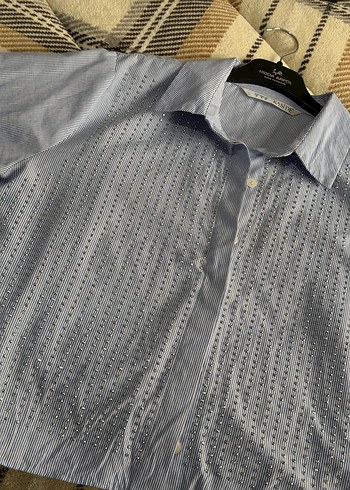 Düğmeli mavi Keten Kadın Gömlek - Görsel 4