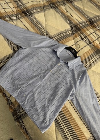 Düğmeli mavi Keten Kadın Gömlek - Görsel 5