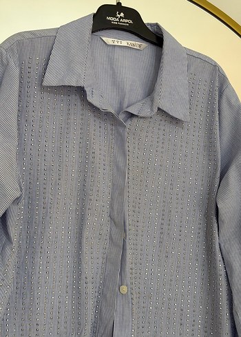 Düğmeli mavi Keten Kadın Gömlek - Görsel 2