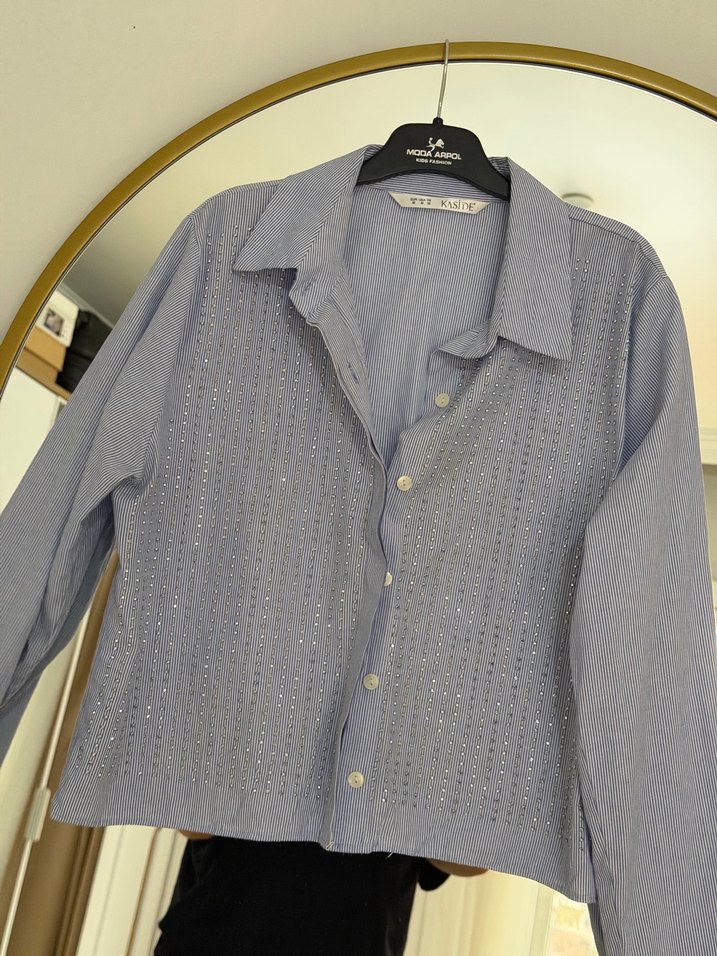 Düğmeli mavi Keten Kadın Gömlek - Görsel 3