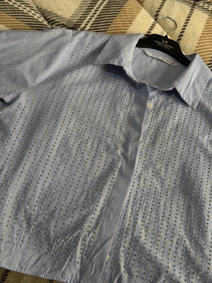 Düğmeli mavi Keten Kadın Gömlek - Görsel 4