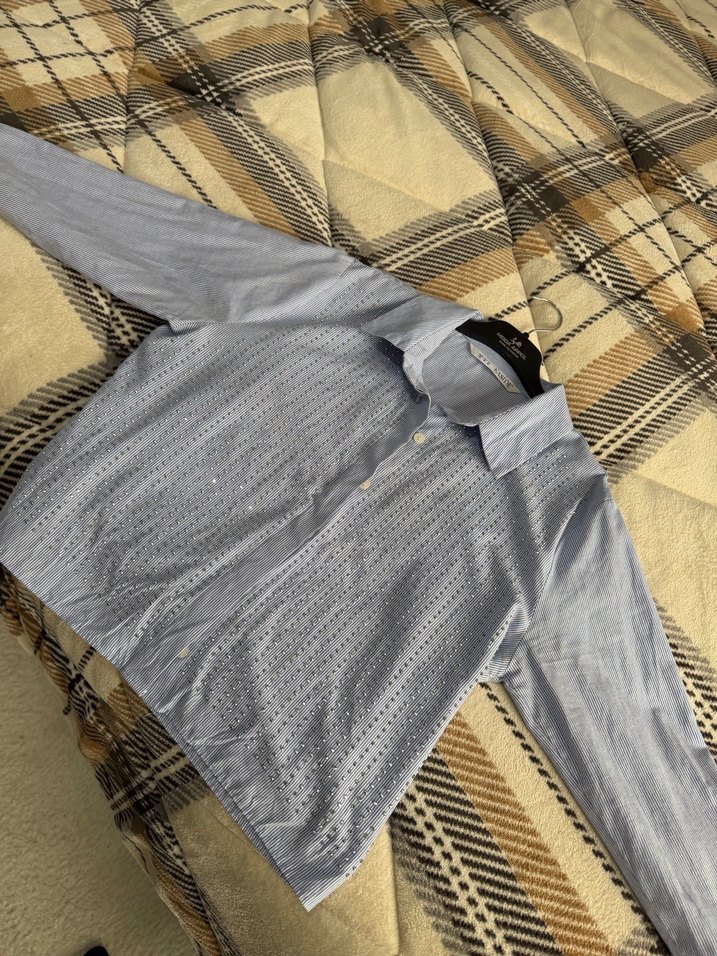 Düğmeli mavi Keten Kadın Gömlek - Görsel 5