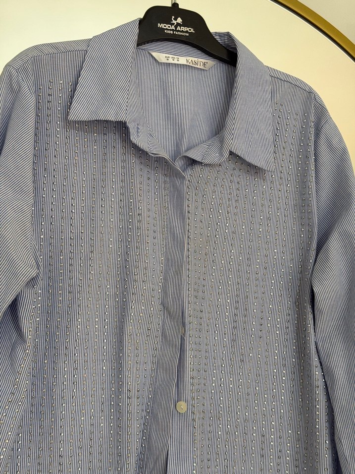 Düğmeli mavi Keten Kadın Gömlek - Görsel 2