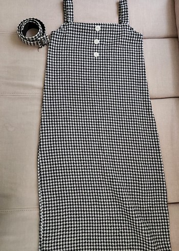 xl Beden Düğmeli Askılı kaz ayağı desenli kışlık elbise