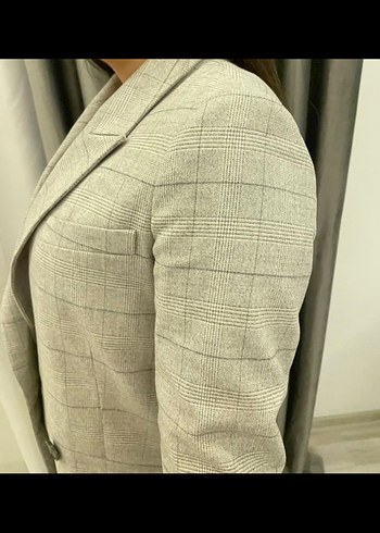 Düğmeli Gri Kareli Kadın Blazer Ceket - Görsel 3