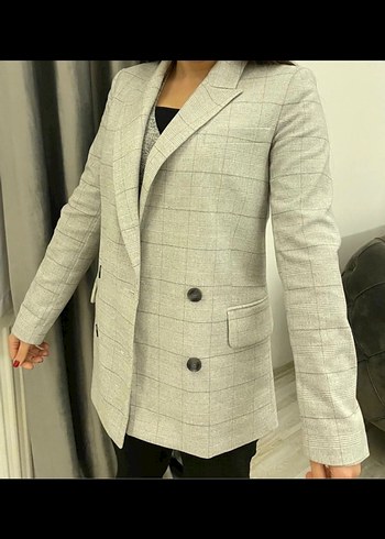 Düğmeli Gri Kareli Kadın Blazer Ceket - Görsel 2