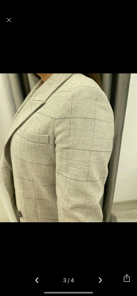 Düğmeli Gri Kareli Kadın Blazer Ceket - Görsel 3