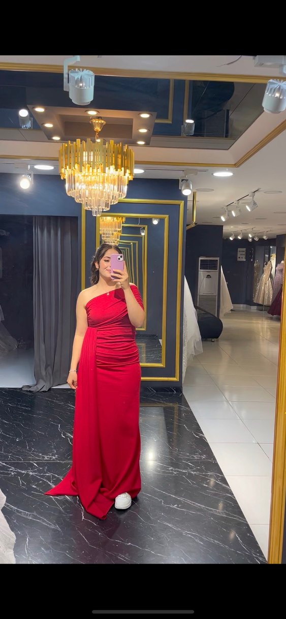 Drapeli Kırmızı Uzun Abiye Elbise - Görsel 2