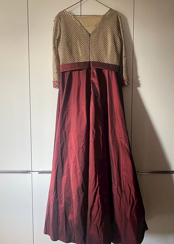 Abiye Bordo Nakışlı Uzun Kollu Abiye Elbise