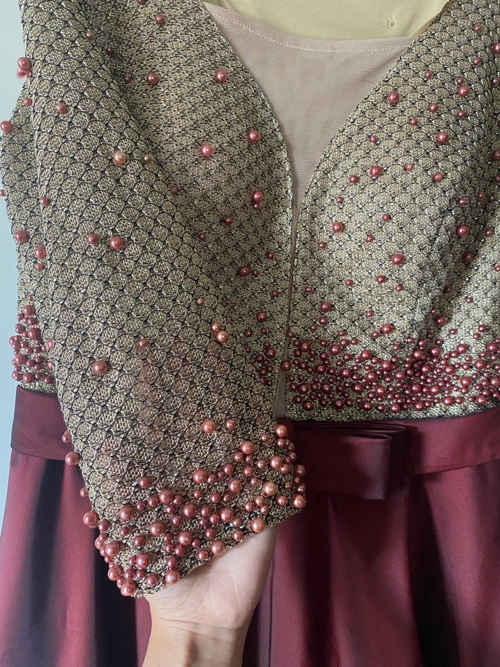 Bordo Nakışlı Uzun Kollu Abiye Elbise - Görsel 3