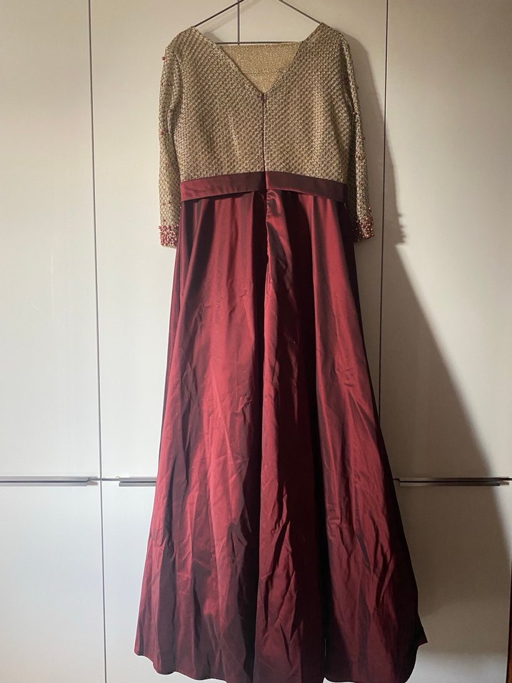 Bordo Nakışlı Uzun Kollu Abiye Elbise - Görsel 2