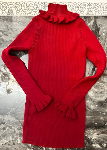 Kırmızı Yüksek Yakalı Triko Kadın Kazak - Görsel 2